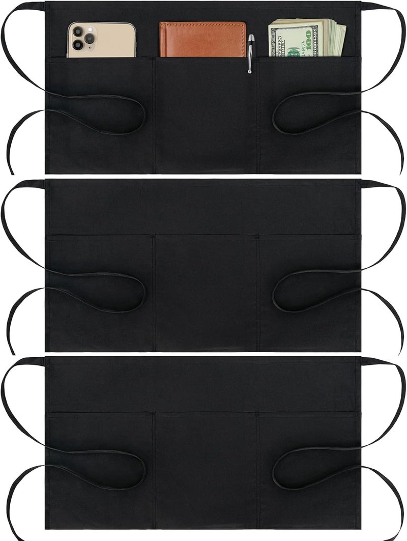 BOHARERS Cotton Server Aprons 3 Pack Waiter Waitress Apron Short Apron with Pockets Restaurant BBQ 12 Inch Black - Image 1